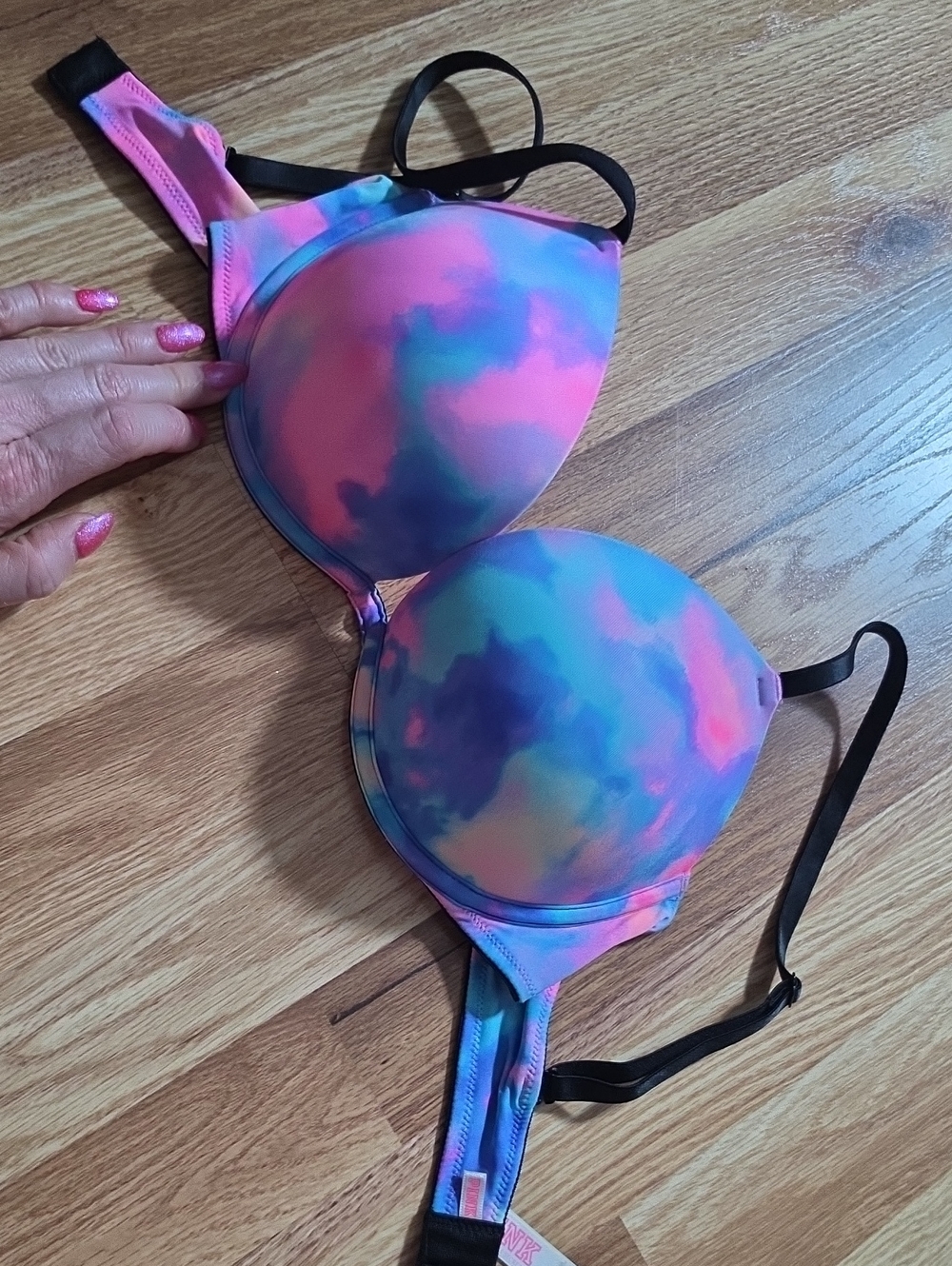 Victoria's Secret Pink 34C Multicolor Padded Bra with Multi Way Adj Black Straps
